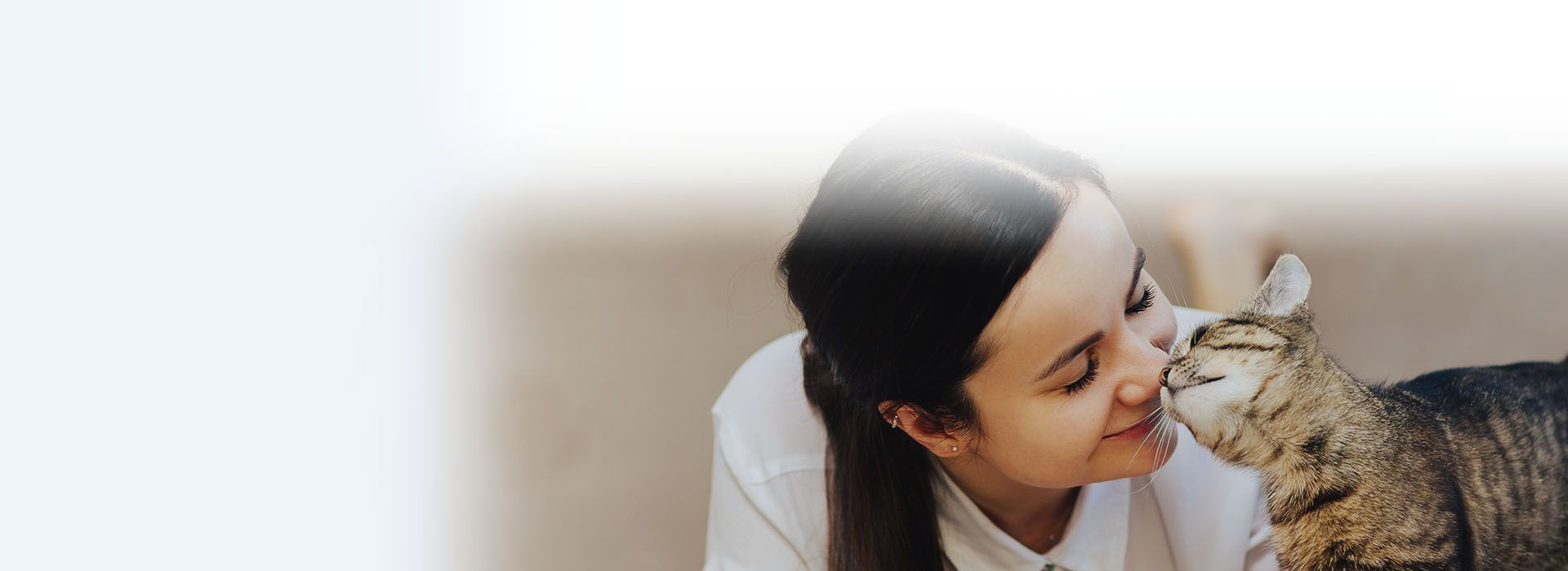 happy woman lying at sofa with striped cat